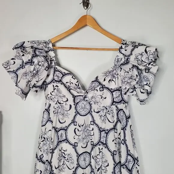 Andres Otalora Raquira Off The Shoulder Printed Cotton Maxi Dress Blue Size 6